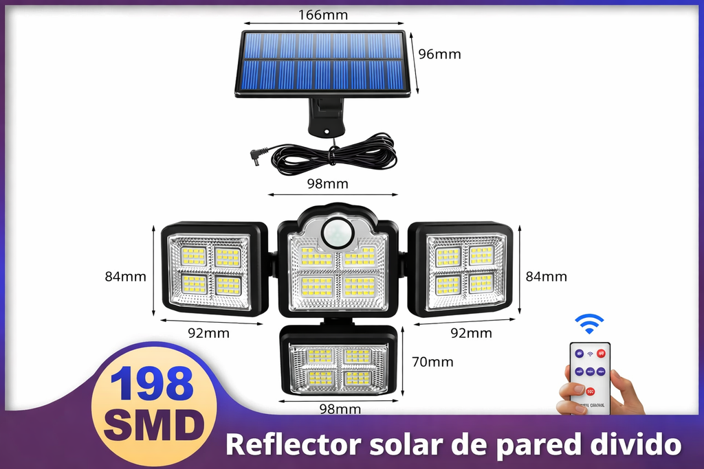 Lampara Solar de Exterior 4 paneles - Reflector/Luz potente con sensor de movimiento