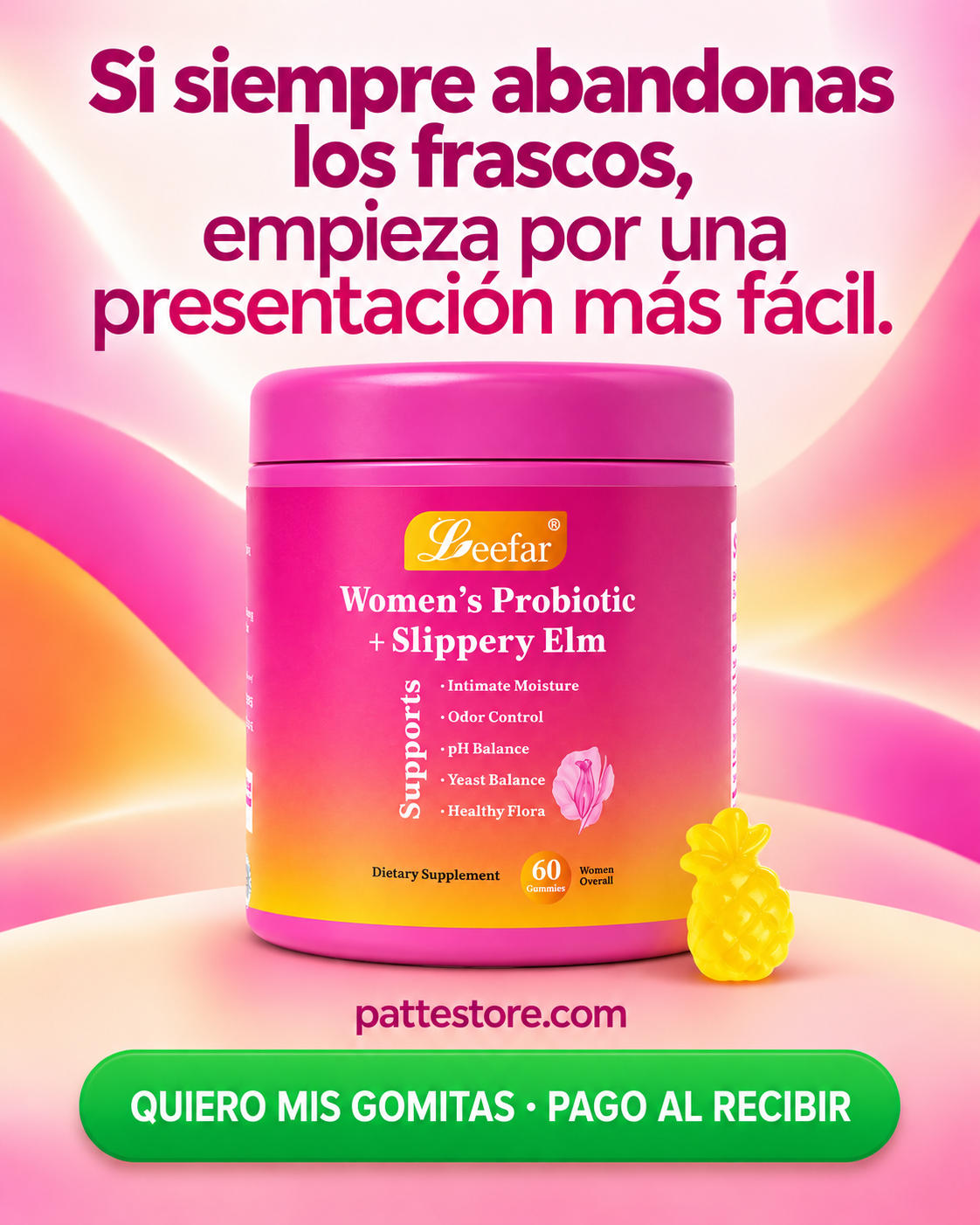 Envase Leefar Women's Probiotic con gomita amarilla en forma de piña