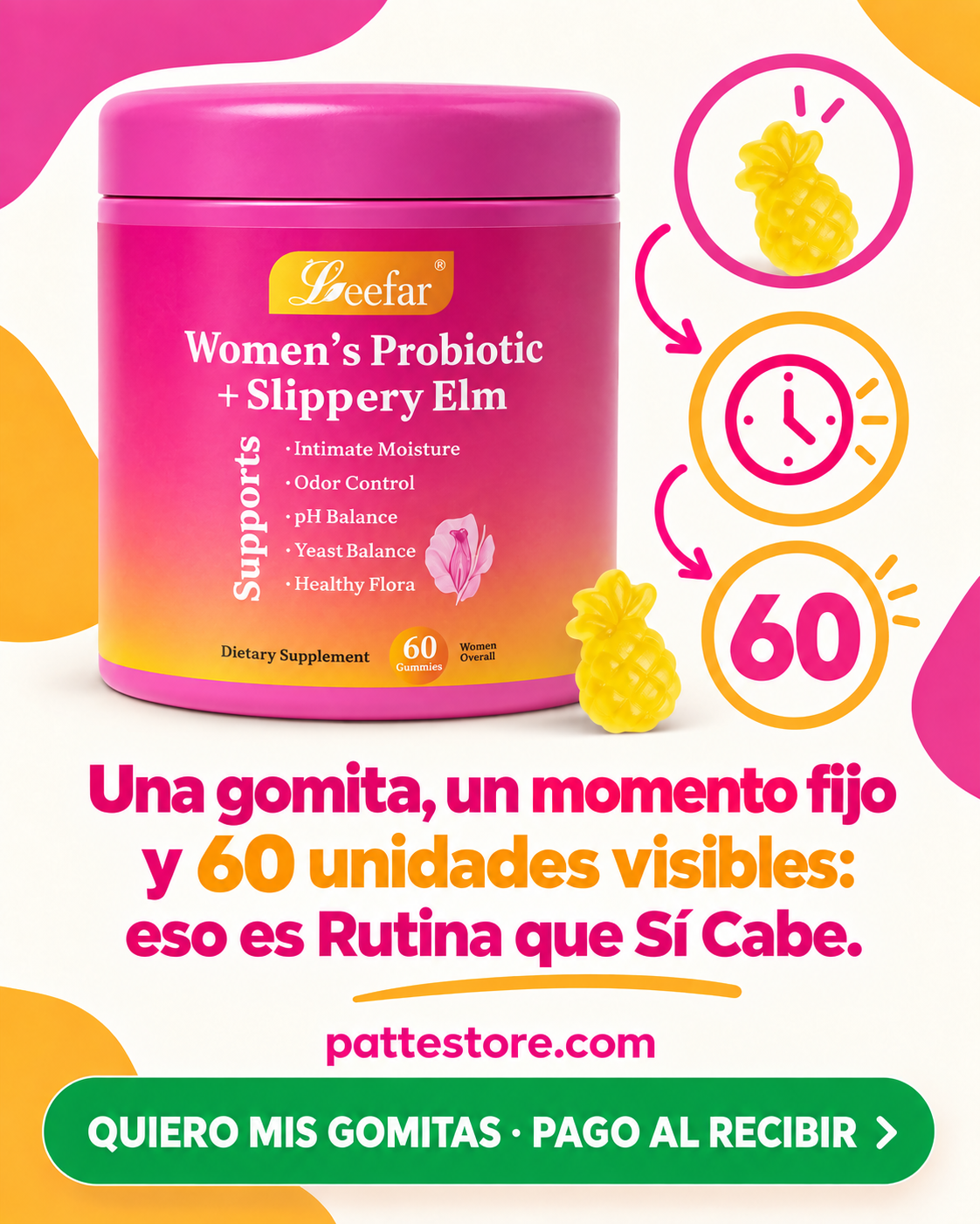 Envase Leefar, gomita en forma de piña y 60 unidades