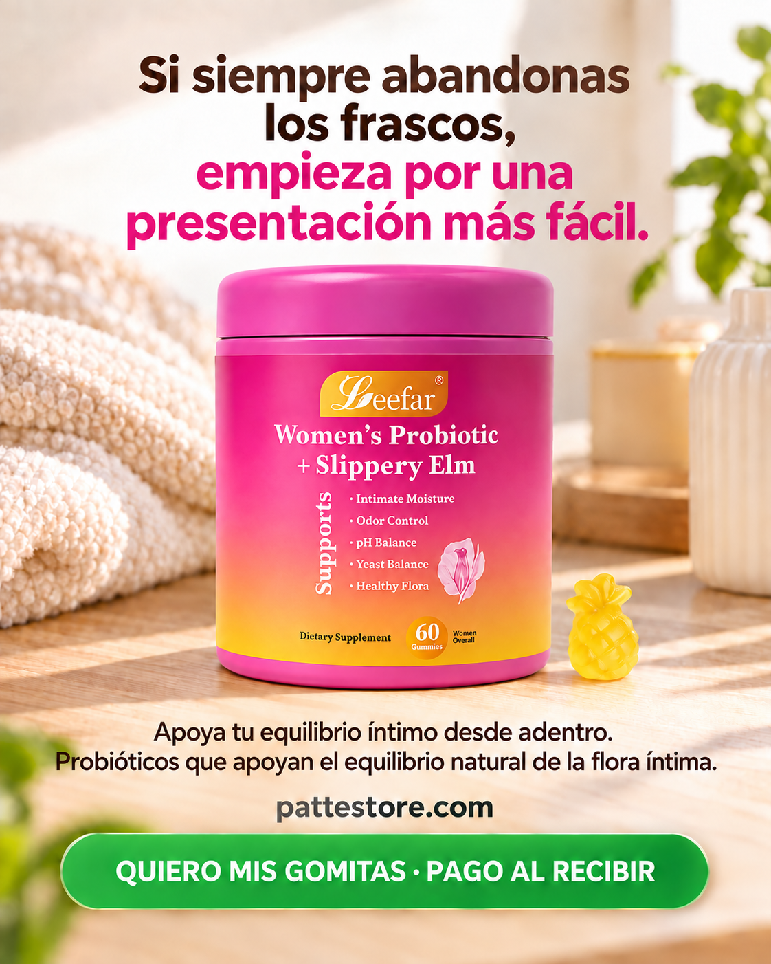 Envase Leefar con gomita de piña en una escena cálida de rutina diaria